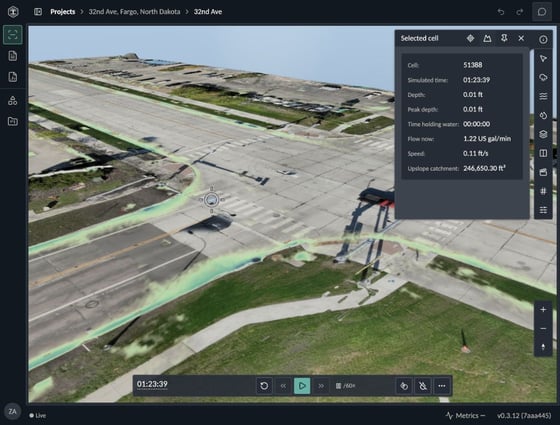 BaseState Site-survey: cell inspection and flow paths during an illustrative rainfall scenario on Northern Drone’s 32nd Avenue survey. Captured October 26, 2026.
